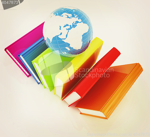 Image of Colorful books and earth. 3D illustration. Vintage style.