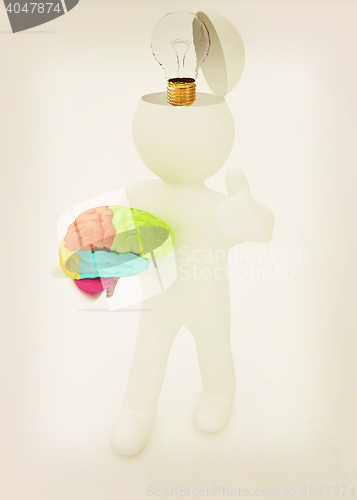 Image of 3d people - man with half head, brain and trumb up. Idea concept