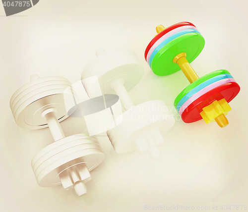 Image of Colorfull dumbbells on a white background. 3D illustration. Vint