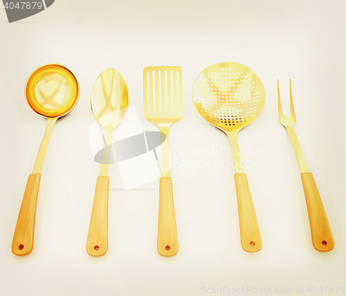 Image of gold cutlery on white background . 3D illustration. Vintage styl