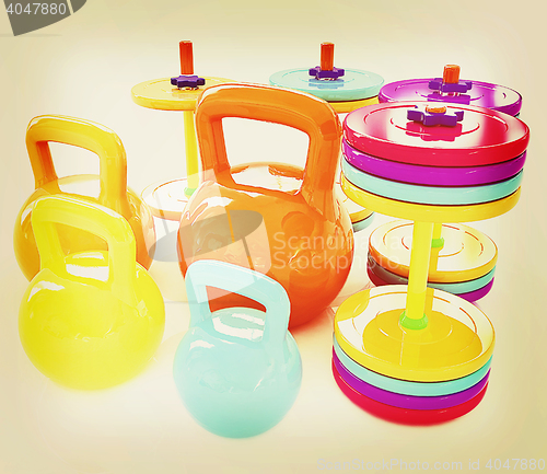 Image of Colorful weights and dumbbells . 3D illustration. Vintage style.