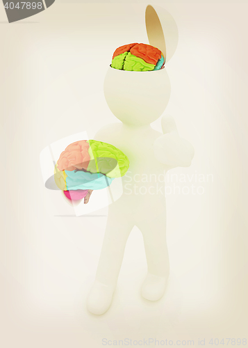 Image of 3d people - man with half head, brain and trumb up. . 3D illustr