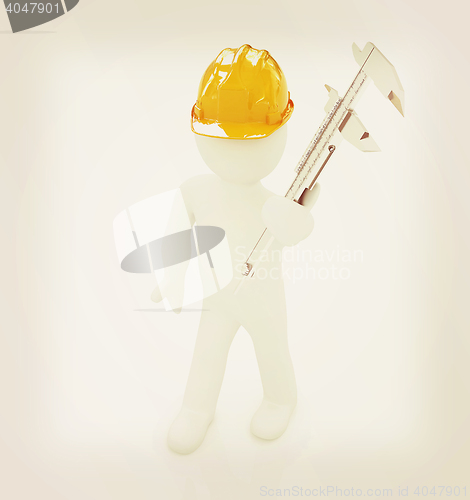 Image of 3d man engineer in hard hat with vernier caliper . 3D illustrati