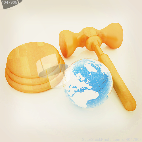 Image of Wooden gavel and earth isolated on white background. Global auct