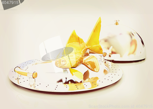 Image of Gold fish on a restaurant cloche. 3D illustration. Vintage style