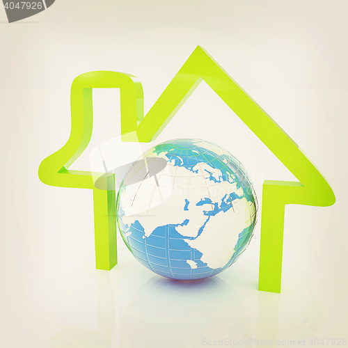Image of 3d green icon house, earth on white background . 3D illustration