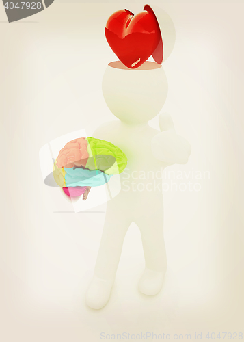 Image of 3d people - man with half head, brain and trumb up. Love concept