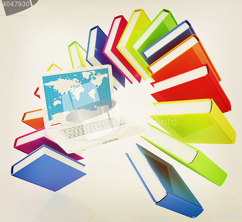 Image of Laptop and books flying . 3D illustration. Vintage style.