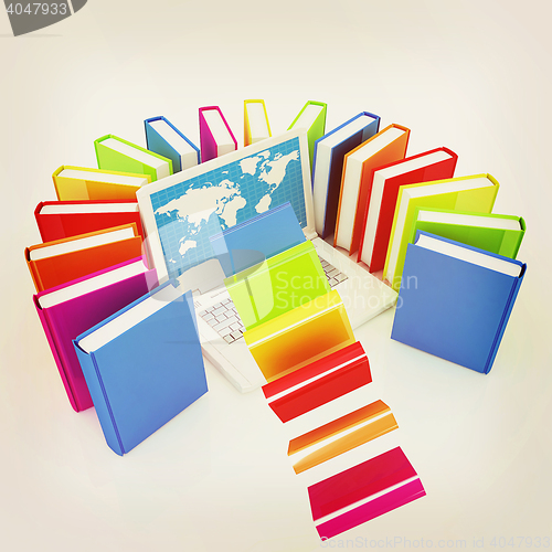 Image of Colorful books flying and laptop . 3D illustration. Vintage styl