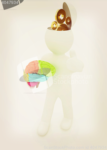 Image of 3d people - man with half head, brain and trumb up. Concept of t