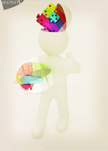 Image of 3d people - man with half head, brain and trumb up. Idea concept