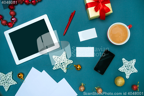 Image of Greeting card mock up template with Christmas decorations.