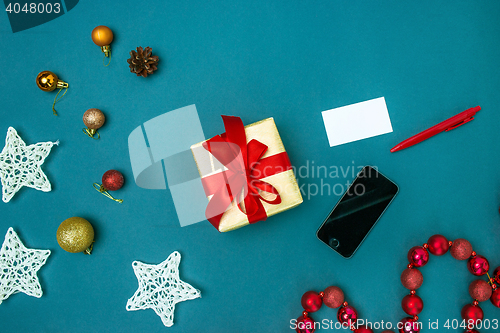 Image of Greeting card mock up template with Christmas decorations.