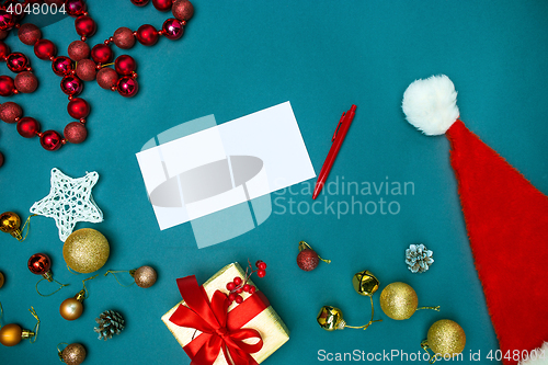 Image of Greeting card mock up template with Christmas decorations.