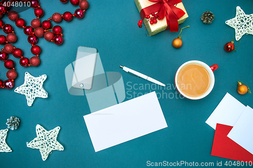 Image of Greeting card mock up template with Christmas decorations.