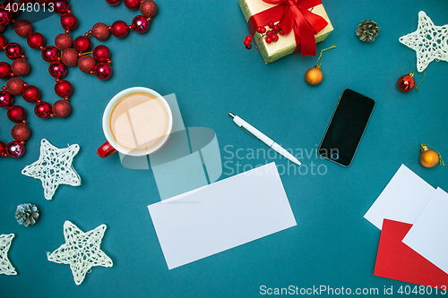 Image of Greeting card mock up template with Christmas decorations.