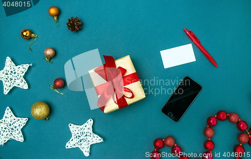 Image of Greeting card mock up template with Christmas decorations.