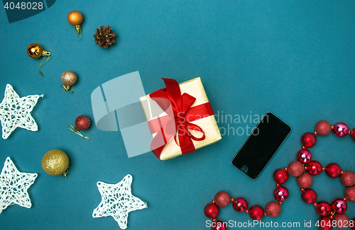 Image of Greeting card mock up template with Christmas decorations.