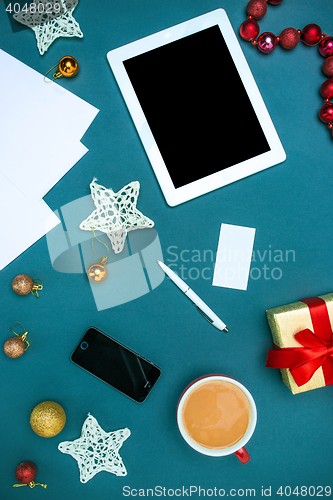 Image of Greeting card mock up template with Christmas decorations.