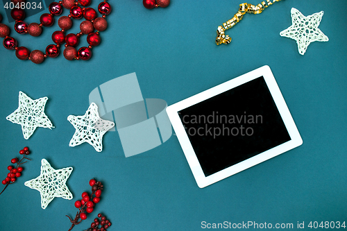 Image of Greeting card mock up template with Christmas decorations.