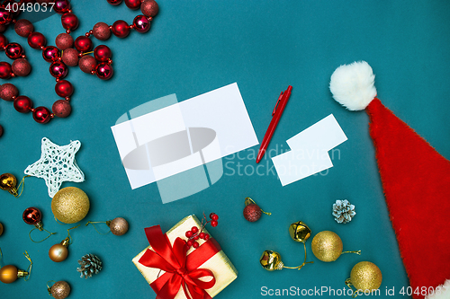 Image of Greeting card mock up template with Christmas decorations.