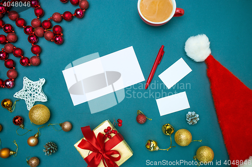 Image of Greeting card mock up template with Christmas decorations.