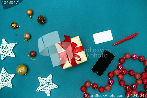 Image of Greeting card mock up template with Christmas decorations.