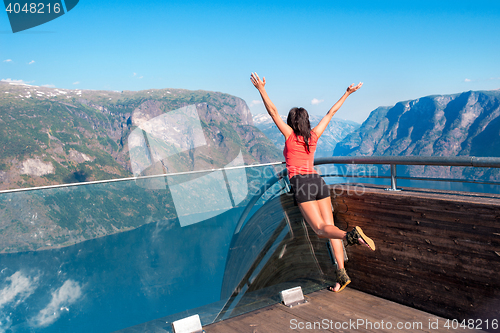 Image of Woman enjoying scenics from Stegastein Viewpoint