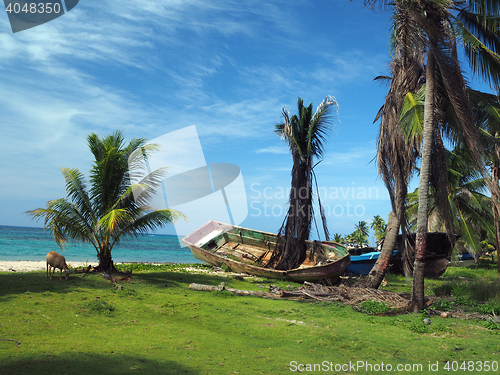 Image of boats on beach shore Big Corn Island, Nicaragua, Central America