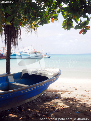 Image of panga fishing boat on shore Brig Bay Big Corn Island Nicaragua C