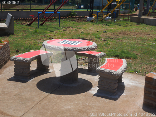 Image of chess, checker-board table in new public park South End, Big Cor