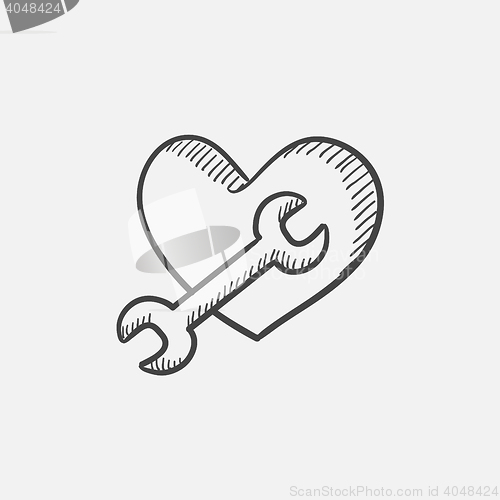 Image of Heart with wrench sketch icon.