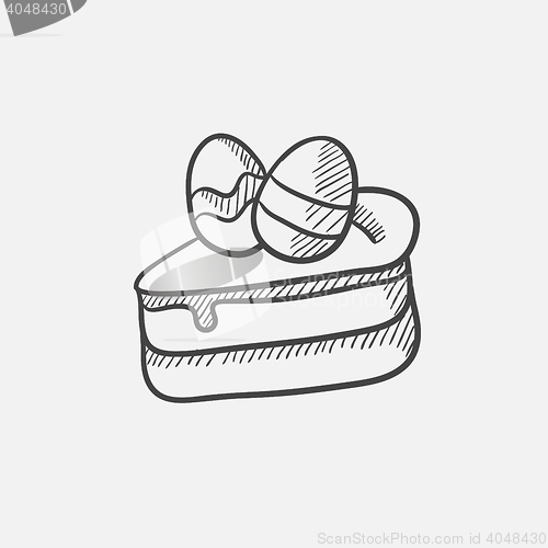 Image of Easter cake with eggs sketch icon.