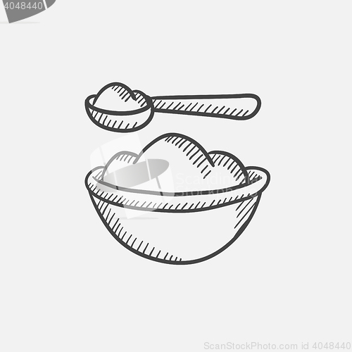 Image of Baby spoon and bowl full of meal sketch icon.