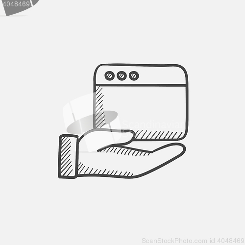 Image of Hand holding browser window sketch icon.