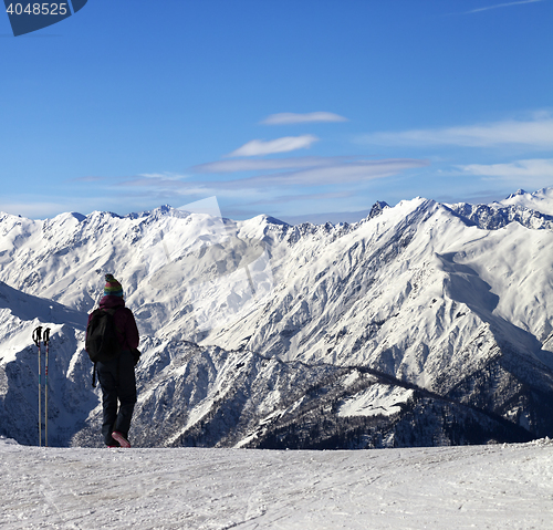 Image of Women on ski slope in winter snow mountain at sun day