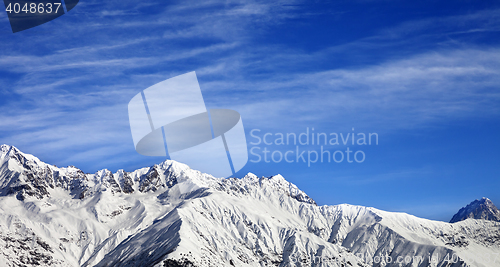 Image of Panoramic view on winter mountains at sun winter day
