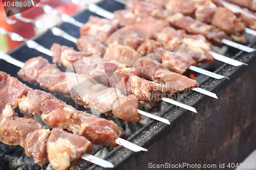 Image of Grilling marinated shashlik on a grill. Shish kebab popular in Eastern, Central Europe and other places. 