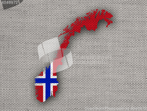 Image of Map and flag of Norway on linen