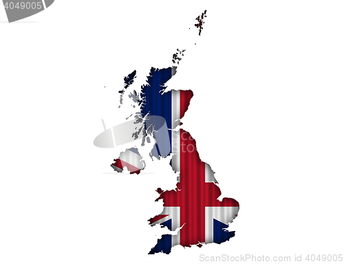 Image of Map and flag of Great Britain on corrugated iron,