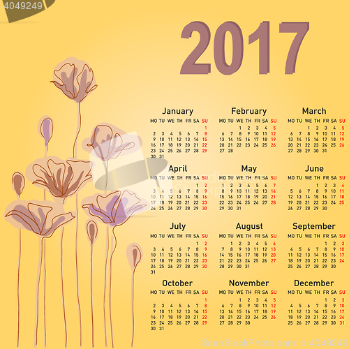 Image of Stylish calendar with flowers for 2017 Week starts on Monday.