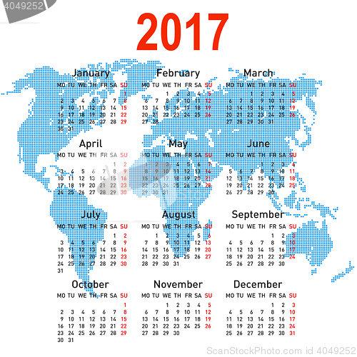 Image of calendar 2017 with world map. Week starts on Monday.