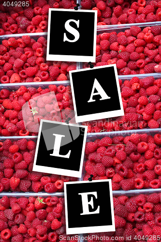 Image of word sale on the red ripe raspberries isolated