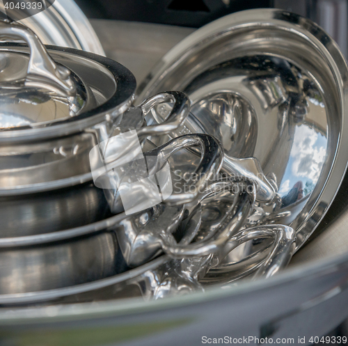 Image of new modern pots and pans close-up