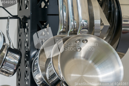 Image of new modern pots and pans close-up