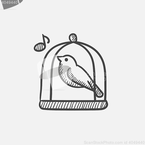 Image of Bird singing in cage sketch icon.