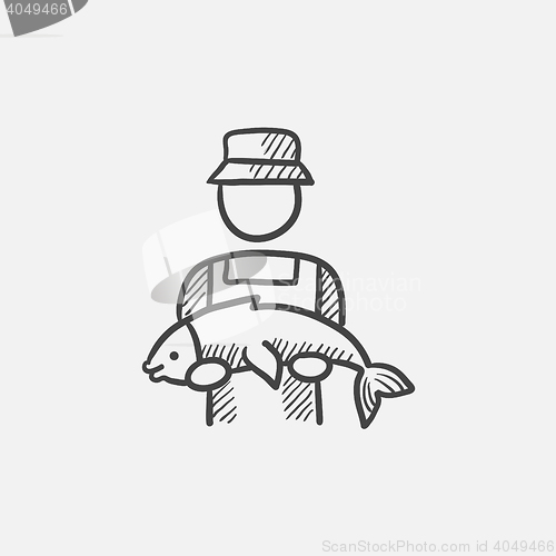 Image of Fisherman with big fish sketch icon.