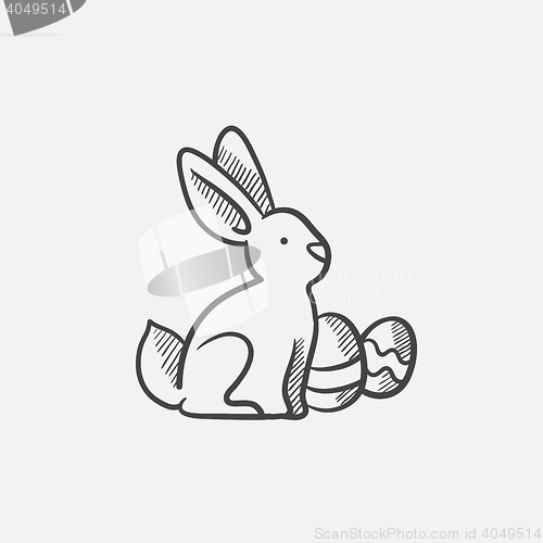 Image of Easter bunny with eggs sketch icon.