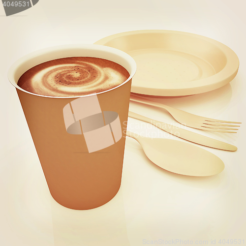 Image of Fast-food disposable tableware. 3D illustration. Vintage style.