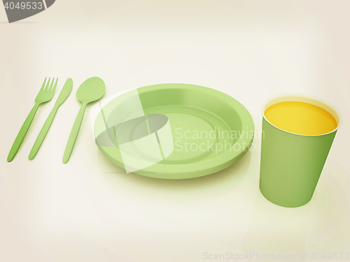 Image of Fast-food disposable tableware. 3D illustration. Vintage style.